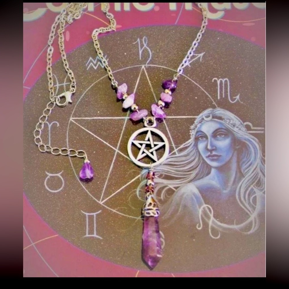 Purple amethyst Crystal gem stone Silver Necklace Pentagram Pentacle Jewelry New